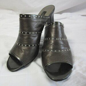 Brighton Teri Pewter Napa & Patent Leather Open Toe Mule Sandal Heels Size 9.5M